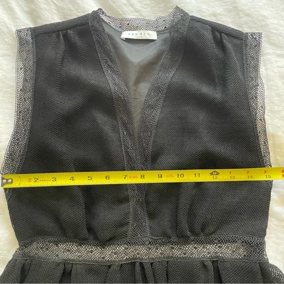 Sandro Paris Black Cocktail Plunging V-Neck Lace Trim Mini Fancy Party Dress